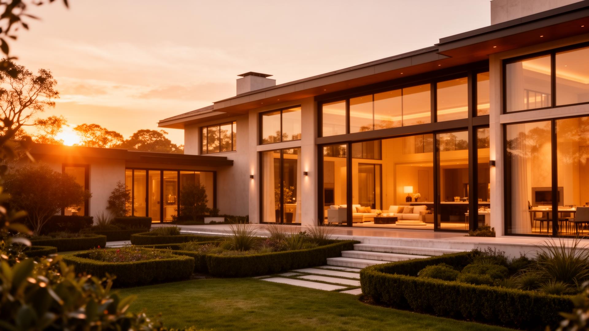 Modern home at sunset